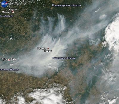 По данным американского космического агентства NASА, в Ермишинском районе Рязанской области появились новые очаги лесных пожаров